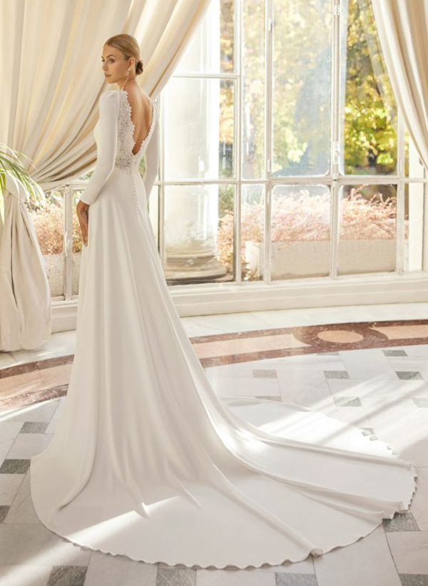 Chic A-line Scoop Neck Long Sleeves Court Train Elastic Satin Wedding Dresses Lace-Ballbride