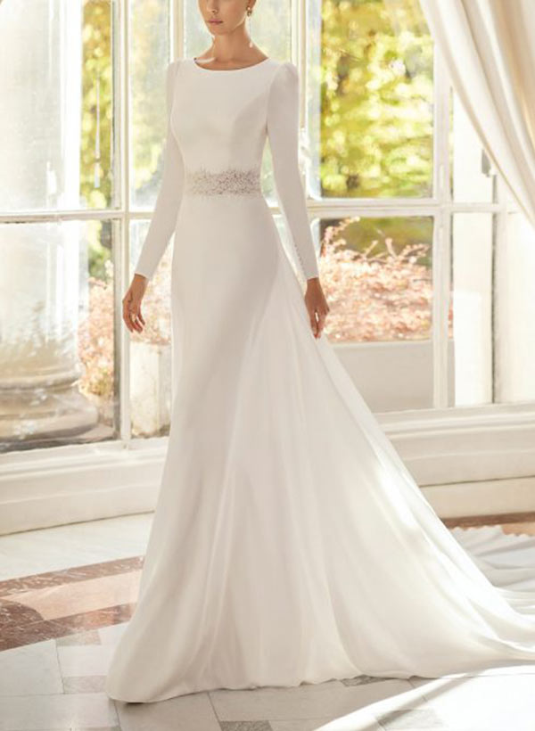 Chic A-line Scoop Neck Long Sleeves Court Train Elastic Satin Wedding Dresses Lace-Ballbride