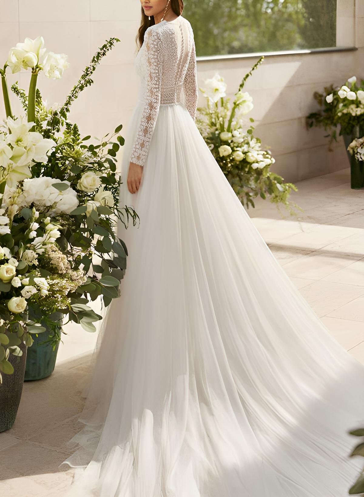 Chic A-line V-Neck Long Sleeves Court Train Chiffon Lace Wedding Dresses Split Front-Ballbride