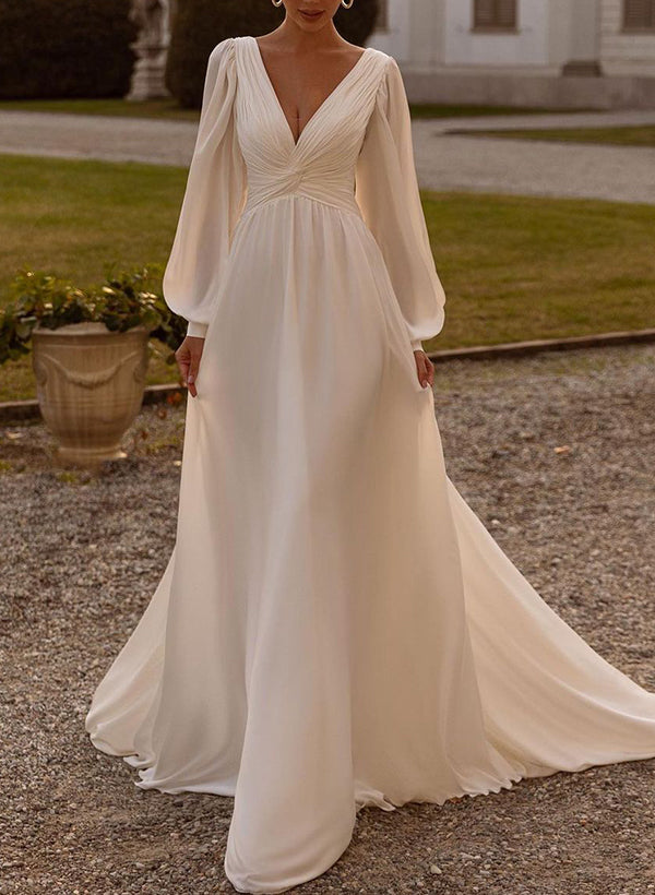 Chic A-line V-Neck Long Sleeves Sweep Train Chiffon Wedding Dresses Sash-Ballbride