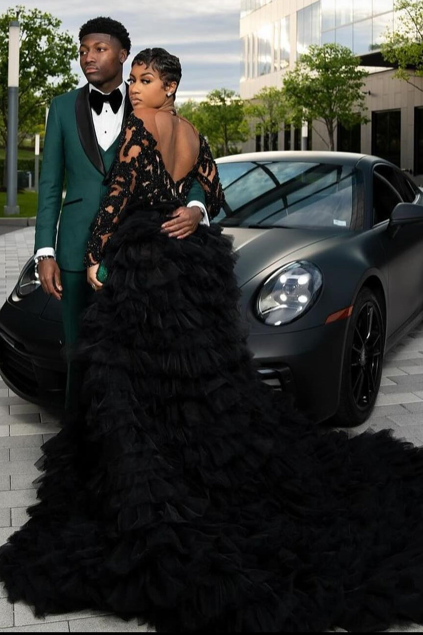Chic Black Long Sleeves Tiered Open Back Side Slit Prom Dress-BallBride