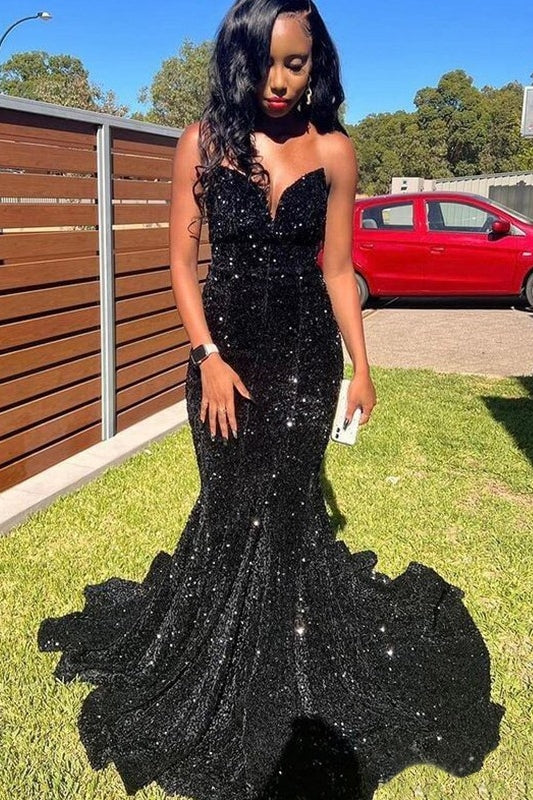 Chic Black Sequins Sweetheart Mermaid Simple Prom Dresses-BallBride