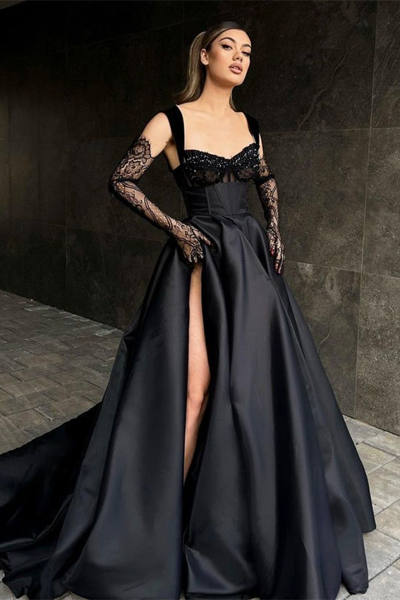 Chic Black Straps Sweetheart Prom Dress with Slit and Beads-BallBride