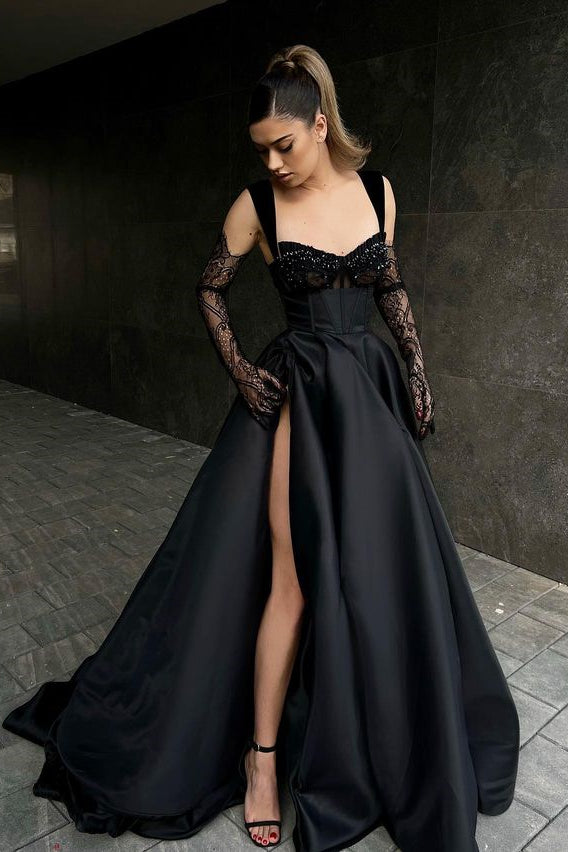 Chic Black Straps Sweetheart Prom Dress with Slit and Beads-BallBride