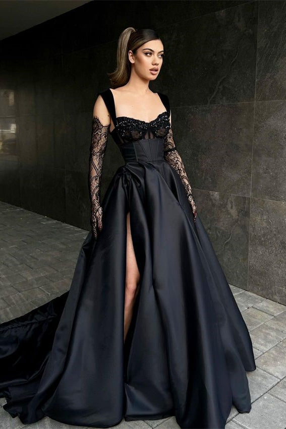 Chic Black Straps Sweetheart Prom Dress with Slit and Beads-BallBride