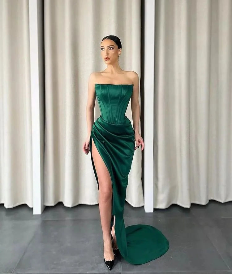 Chic Dark green Strapless Mermaid Evening Dress Long With Slit-BallBride