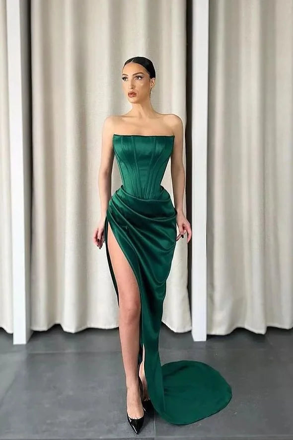 Chic Dark green Strapless Mermaid Evening Dress Long With Slit-BallBride