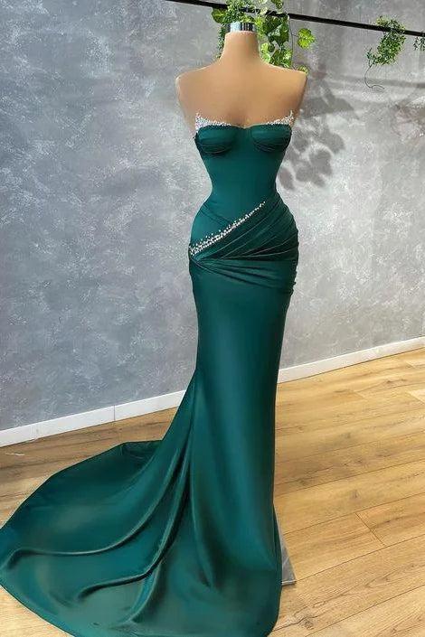 Chic Dark Green Strapless Mermaid Evening Dress With Beads-BallBride