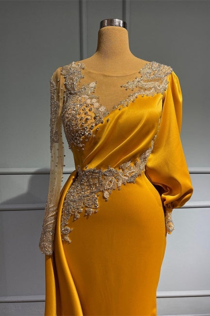 Chic Gold Sheath Long Sleeve Appliques Prom Dress-BallBride