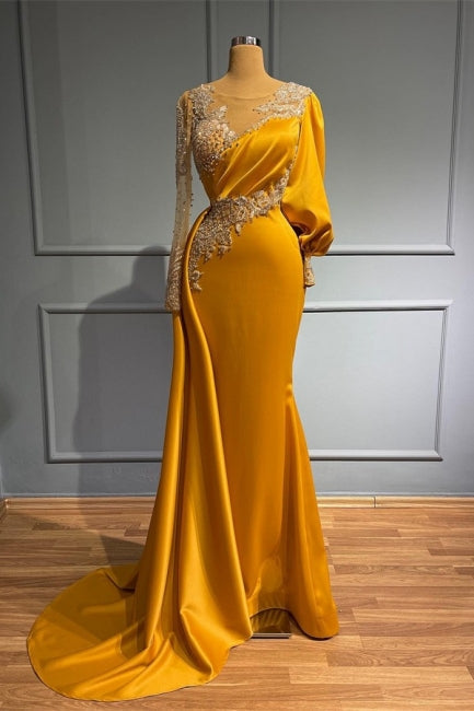 Chic Gold Sheath Long Sleeve Appliques Prom Dress-BallBride