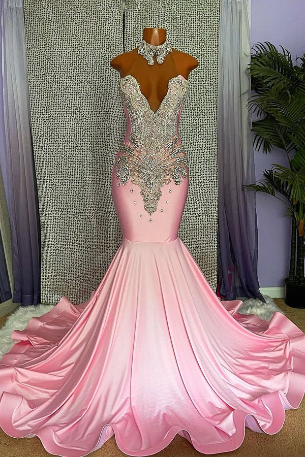 Chic High-Neck Pink Mermaid Prom Dress with Beading-BallBride