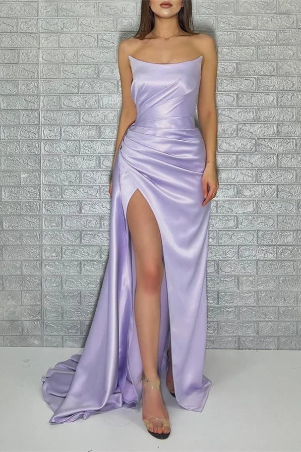 Chic Light Lilac Strapless Mermaid Evening Dresses Pleats Long Split With Ruffle-BallBride
