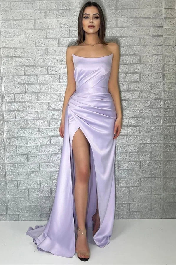 Chic Light Lilac Strapless Mermaid Evening Dresses Pleats Long Split With Ruffle-BallBride