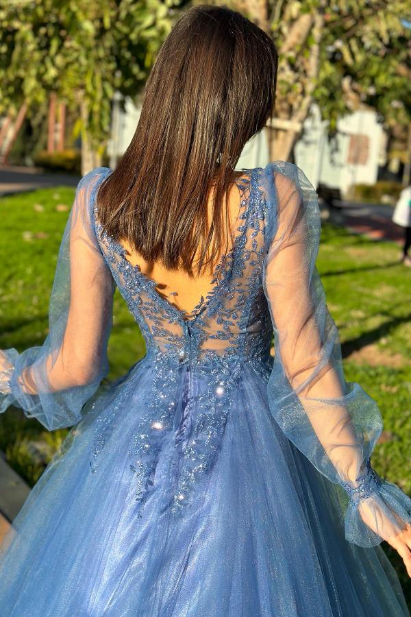 Chic Long A-line V-neck Tulle Backless Prom Dresses with Sleeves-BallBride