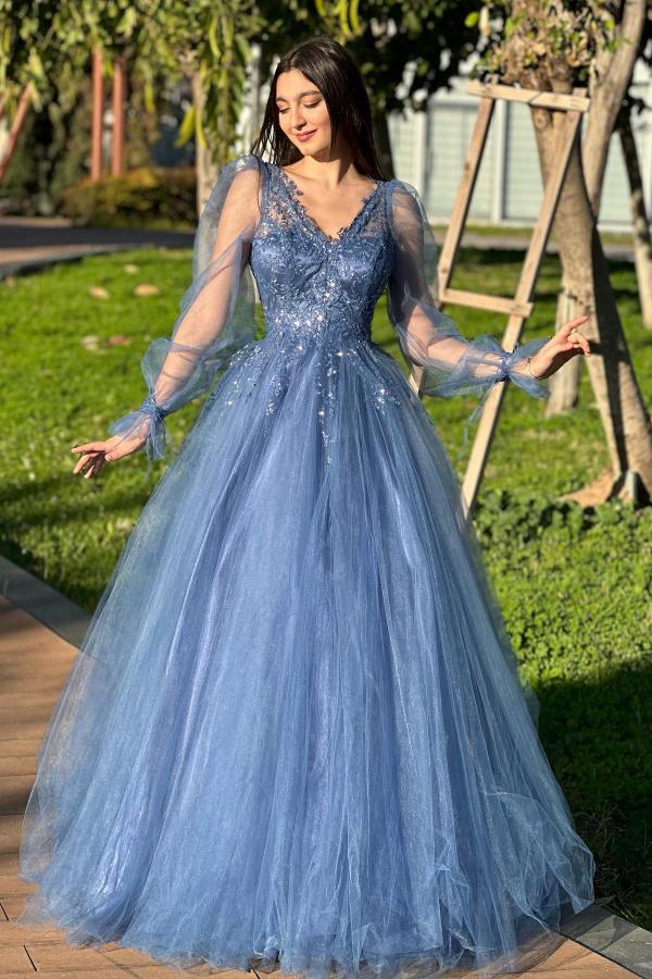 Chic Long A-line V-neck Tulle Backless Prom Dresses with Sleeves-BallBride