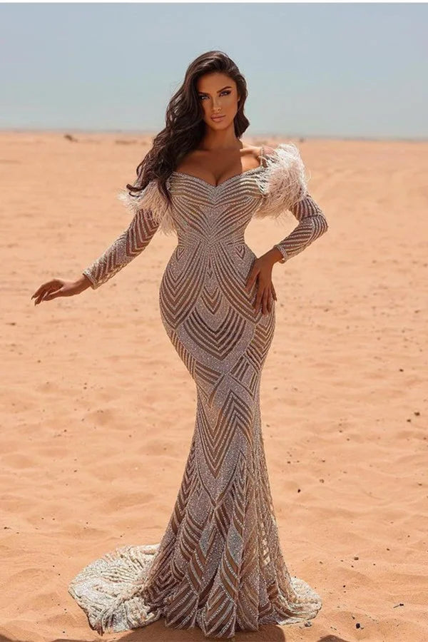 Chic Long Sleeves Mermaid Evening Dress Beadings With Feather-BallBride