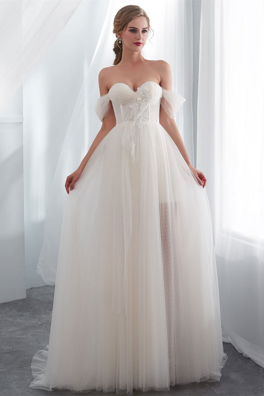 Chic Off-the-Shoulder Tulle Wedding Dress Long-BallBride