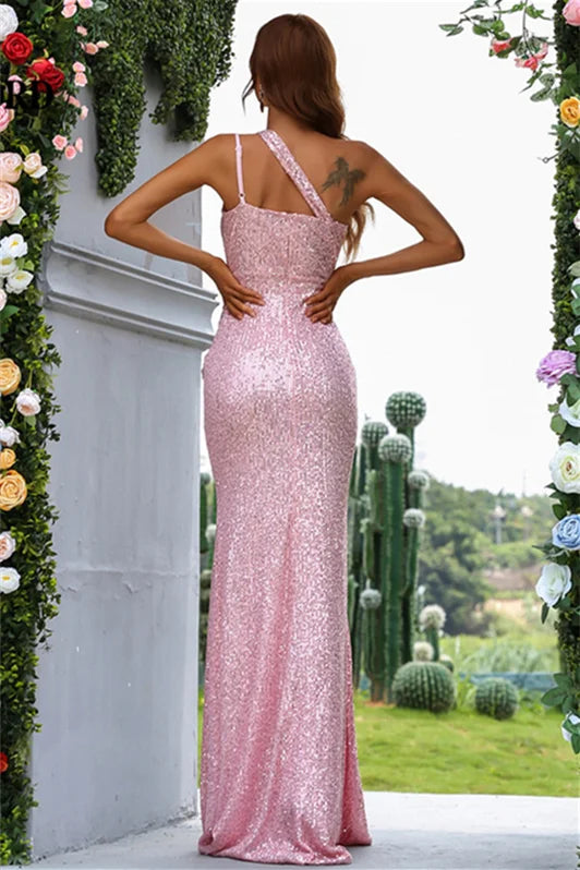 Chic Pink One Shoulder Mermaid Evening Dress Sequins Slit-BallBride