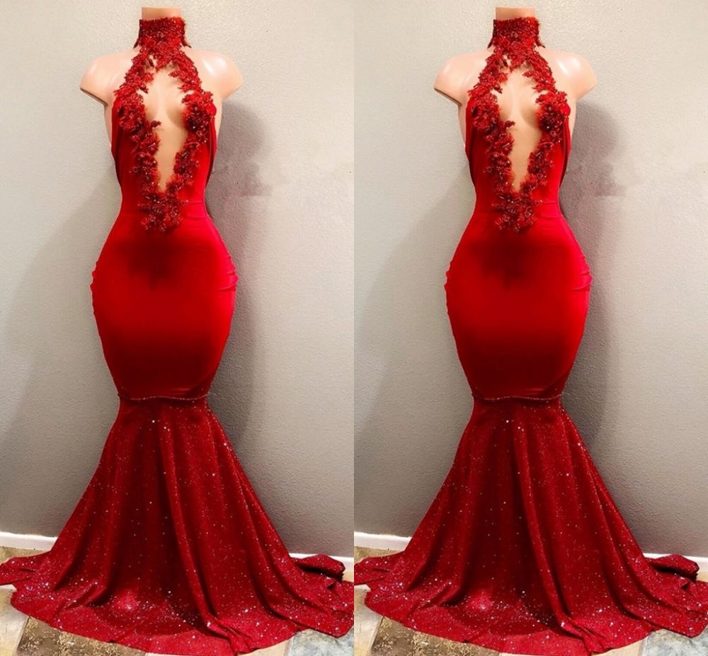 Chic Red High Neck Mermaid Flowers Prom Dresses-BallBride
