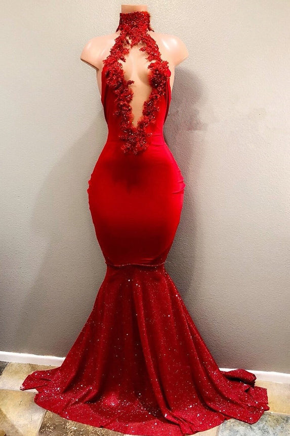 Chic Red High Neck Mermaid Flowers Prom Dresses-BallBride