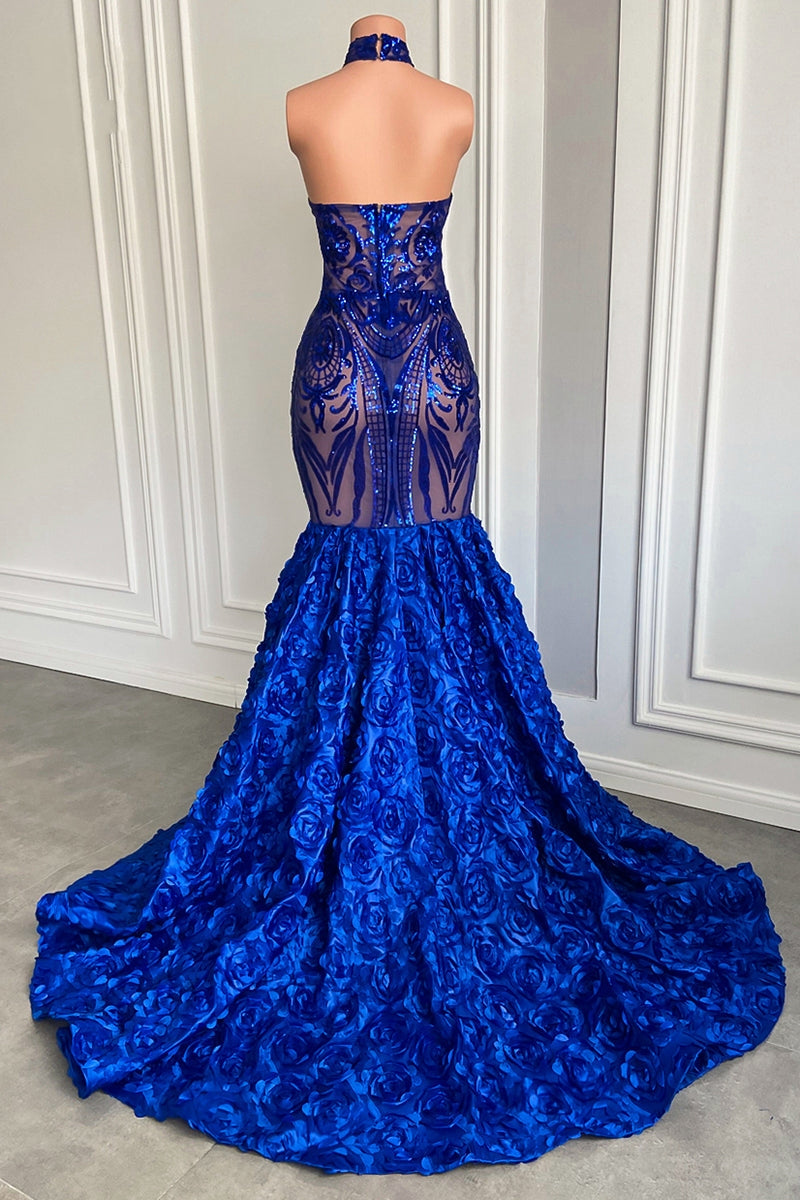 Chic Royal Blue Sequins Prom Dresses Mermaid With Flowers Bottom-BallBride