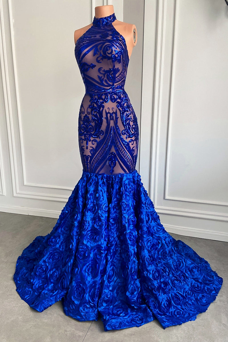 Chic Royal Blue Sequins Prom Dresses Mermaid With Flowers Bottom-BallBride
