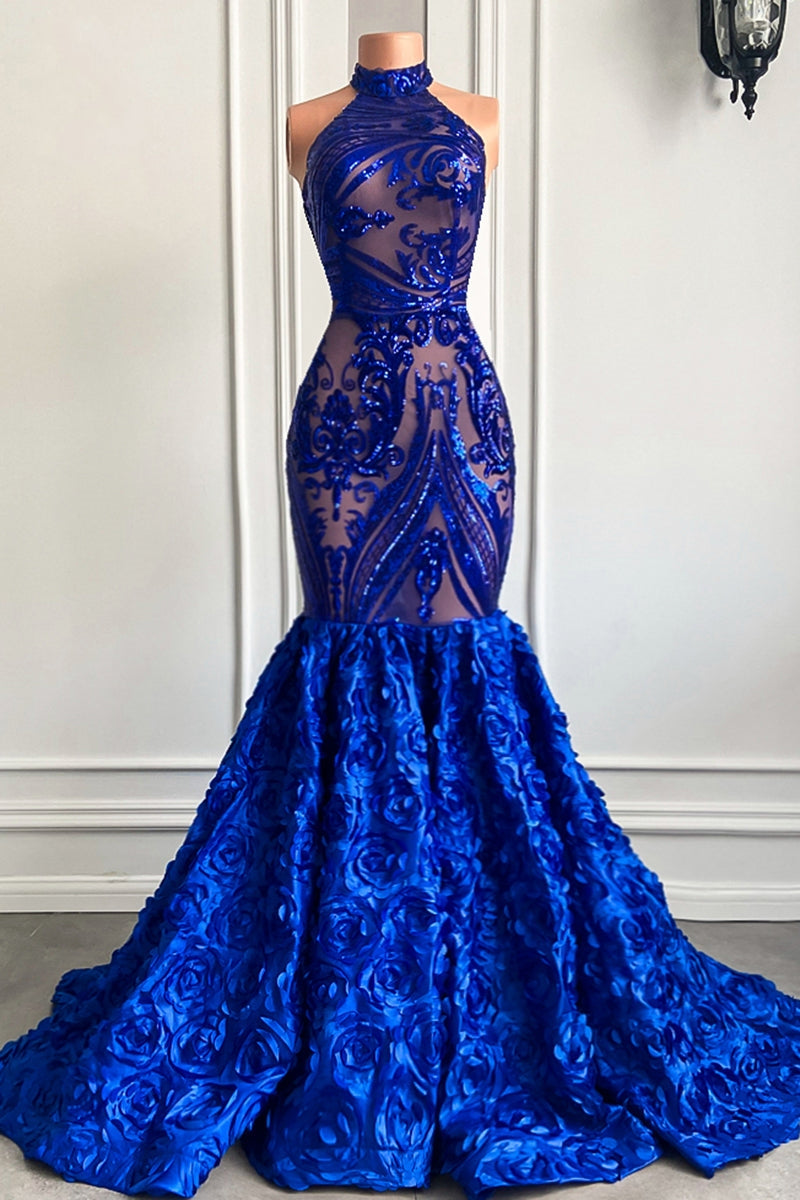 Chic Royal Blue Sequins Prom Dresses Mermaid With Flowers Bottom-BallBride