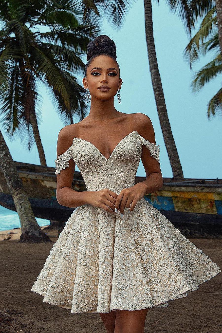Chic Short A-line Off the shoulder Lace Wedding Dress-BallBride