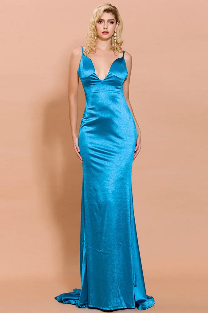 Chic V-Neck Backless Mermaid Long Evening Prom Dress With Spaghetti-Straps-BallBride