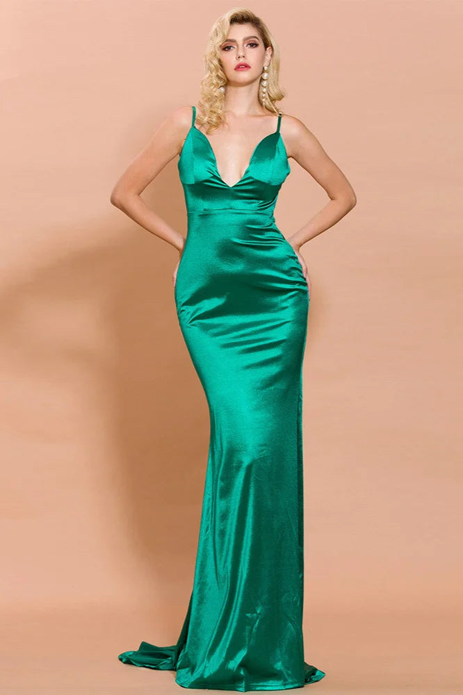 Chic V-Neck Backless Mermaid Long Evening Prom Dress With Spaghetti-Straps-BallBride