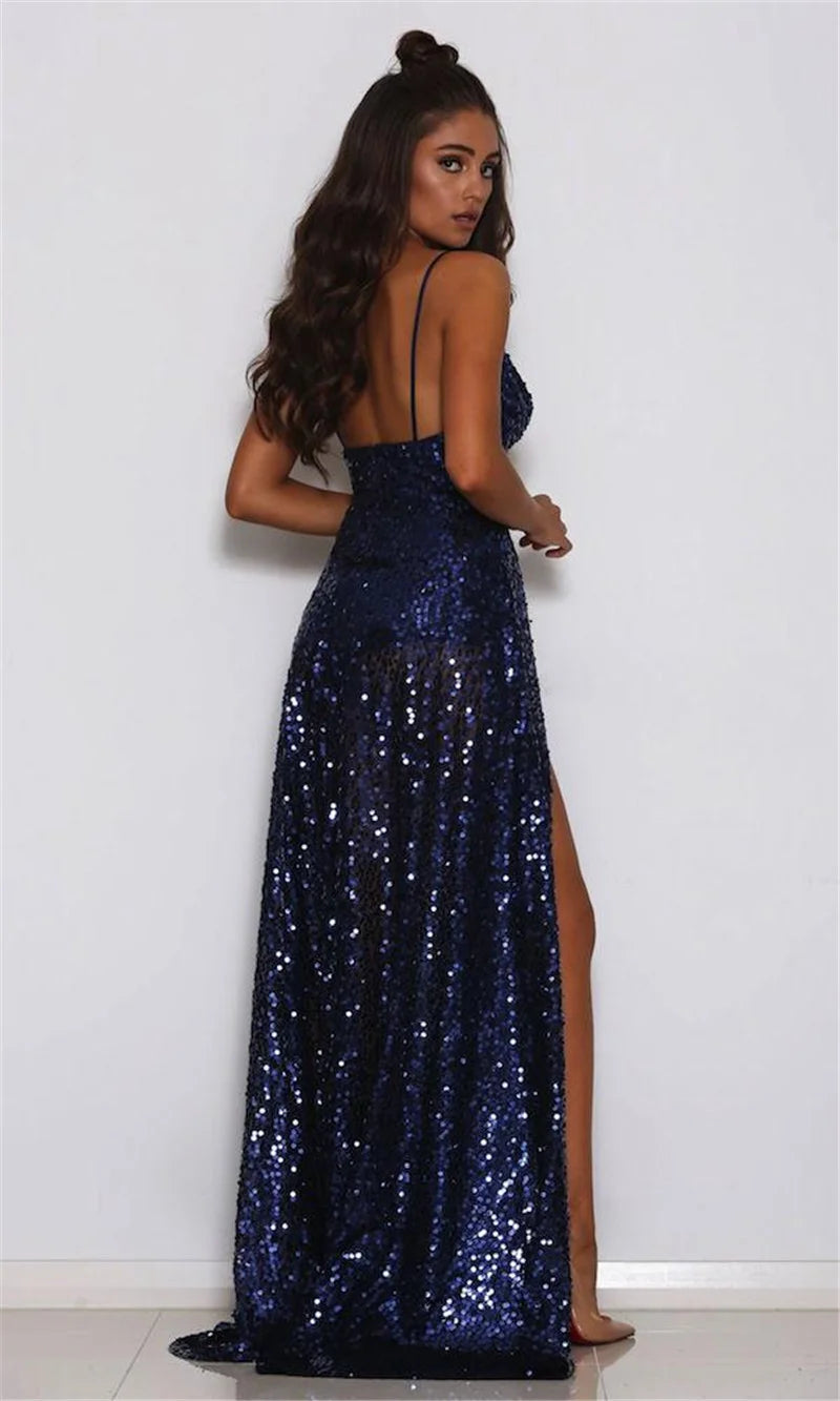 Chic V-Neck Sequins Long Prom Dress Split Evening Gowns-BallBride