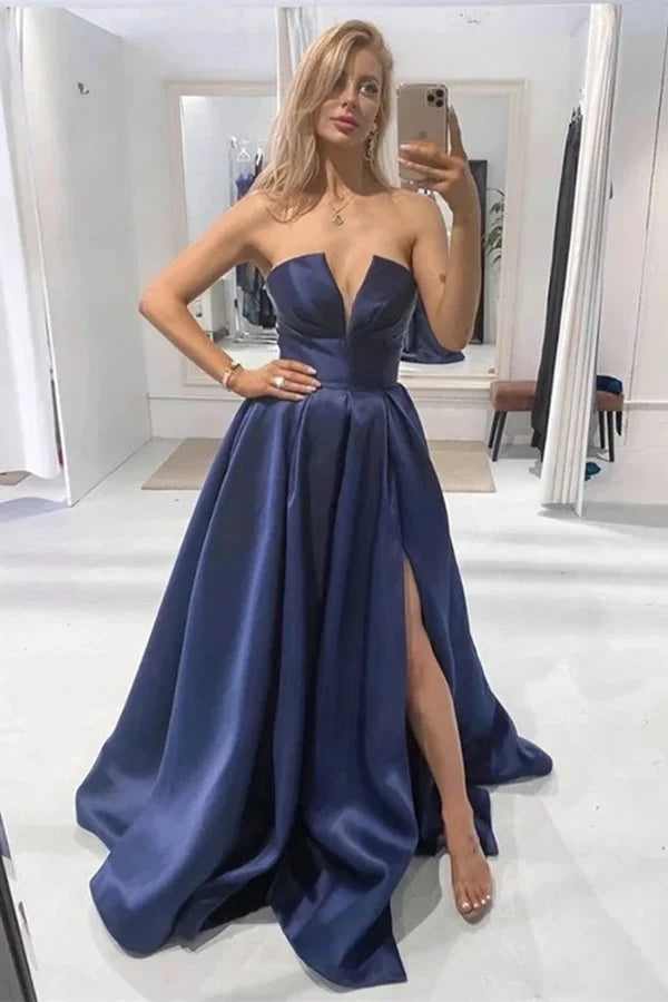 Chic V-Neck Sleeveless Navy Blue Evening Dress With Slit-BallBride