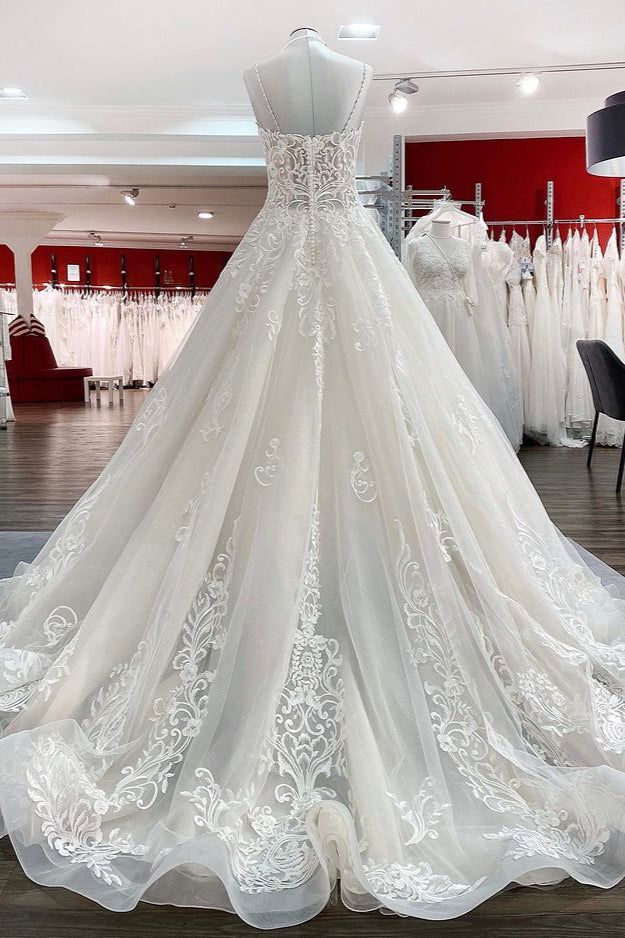 Chic V-Neck Spaghetti-Straps Wedding Dress with Lace Ruffles-BallBride