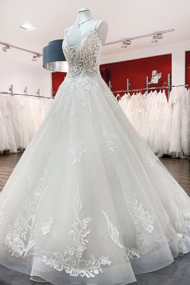 Chic V-Neck Spaghetti-Straps Wedding Dress with Lace Ruffles-BallBride