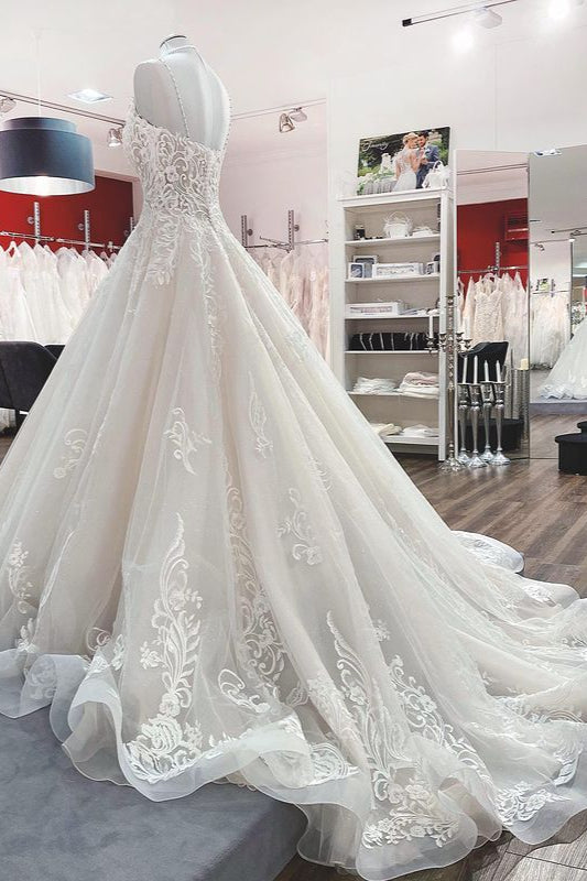 Chic V-Neck Spaghetti-Straps Wedding Dress with Lace Ruffles-BallBride