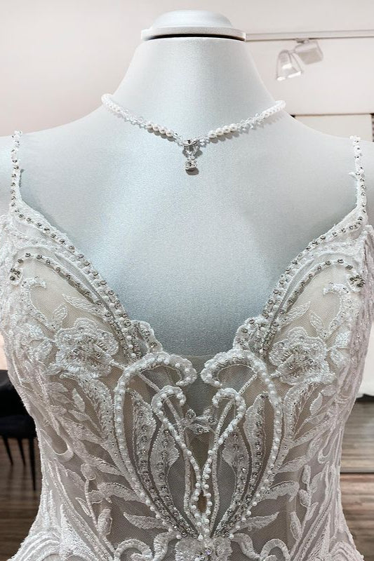 Chic V-Neck Spaghetti-Straps Wedding Dress with Lace Ruffles-BallBride