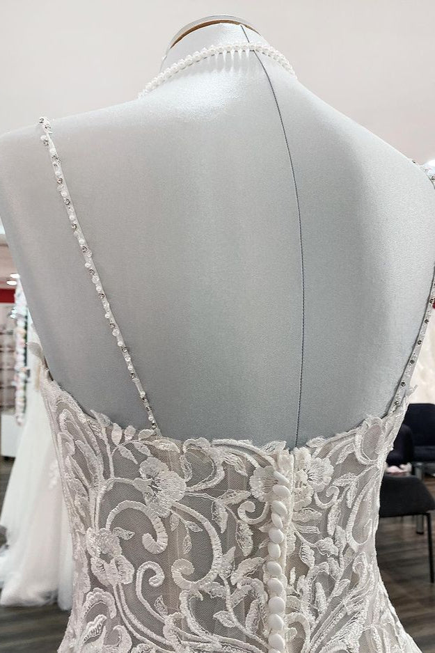 Chic V-Neck Spaghetti-Straps Wedding Dress with Lace Ruffles-BallBride