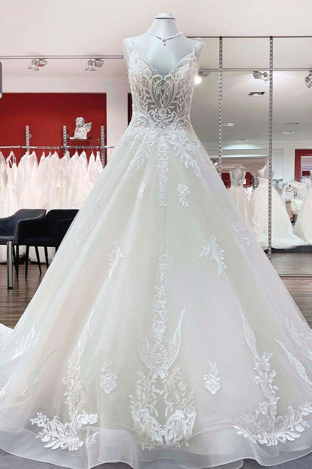 Chic V-Neck Spaghetti-Straps Wedding Dress with Lace Ruffles-BallBride