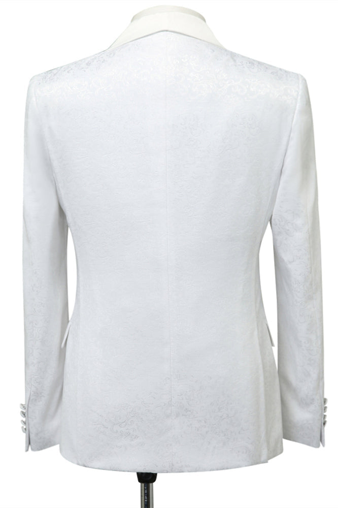Chic White Jacquard Slim Fit Shawl Lapel Wedding Suit for Men-BallBride