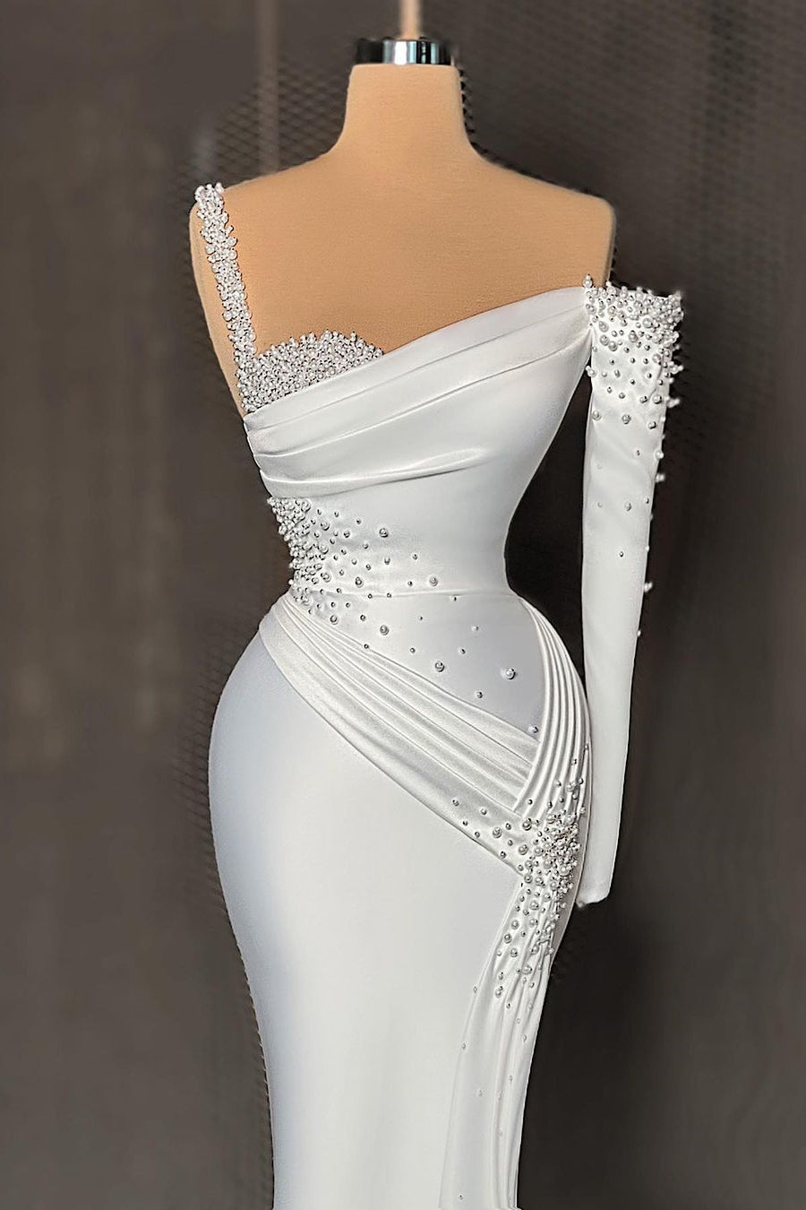 Chic White Off Shoulder Sheath Pearls Ruffles Prom Dress-BallBride