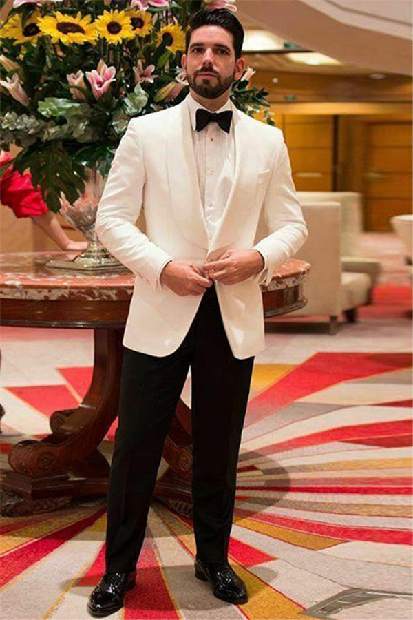 Chic White Shawl Lapel Fit Men's Wedding Suit With One Button-BallBride