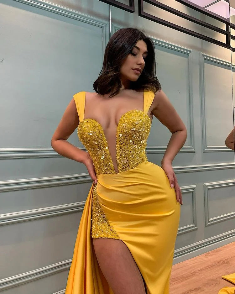 Chic Yellow Straps Mermaid Evening Dress SPlit WIth Sequins Appliques-BallBride