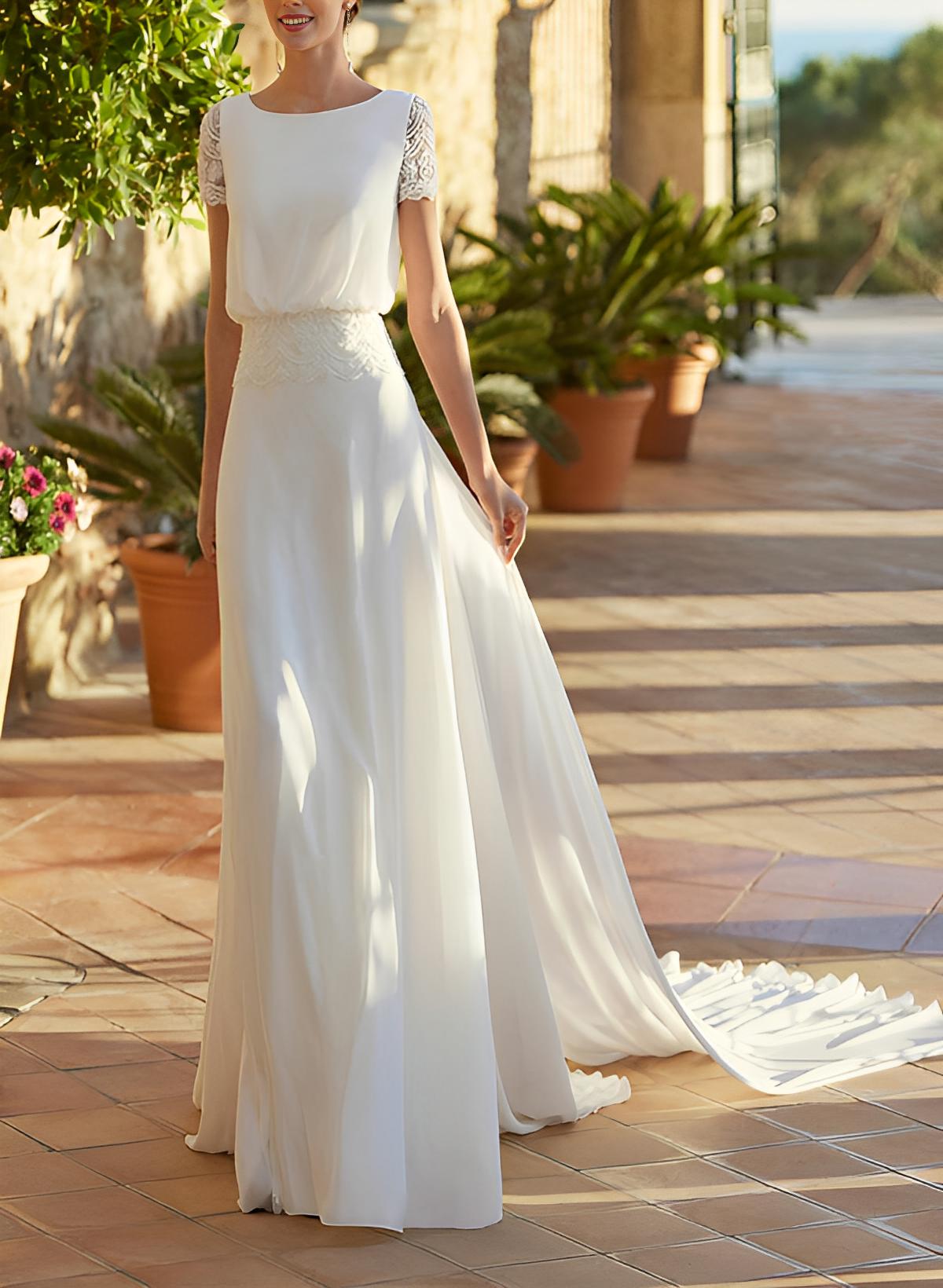 Chiffon Wedding Dress Chic A-line Silhouette Scoop Neck Short Sleeves Court Train-Ballbride