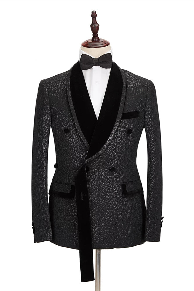 Classic Black Jacquard Velvet Lapel Belt Leopard Double Breasted Bazer for Groom-BallBride