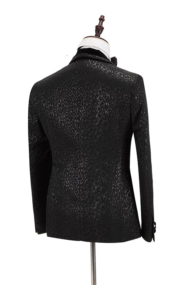 Classic Black Jacquard Velvet Lapel Belt Leopard Double Breasted Bazer for Groom-BallBride