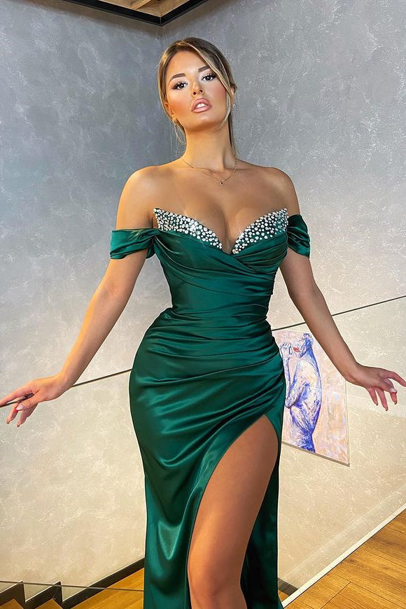 Classic Dark Green Mermaid Prom Dress with Beadings and Split-BallBride