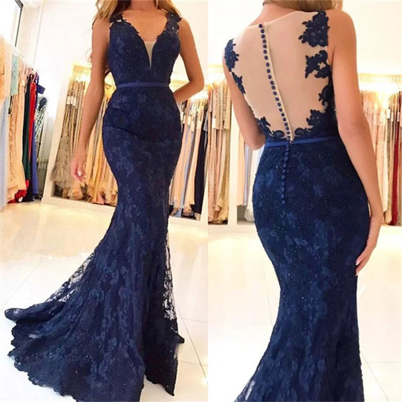 Classic Dark Navy Mermaid Evening Gowns Long With Lace Appliques Zipper Button Back-BallBride