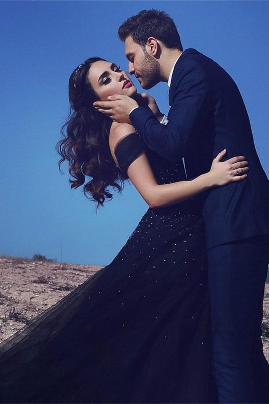 Classic Long Prom Dress With Beads in Dark Navy Off-the-Shoulder Tulle-BallBride