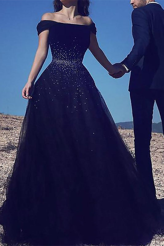 Classic Long Prom Dress With Beads in Dark Navy Off-the-Shoulder Tulle-BallBride