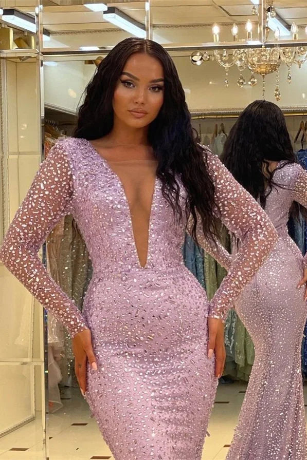Classic Long Sleeves Deep V-Neck Evening Dress Mermaid With Crystal-BallBride